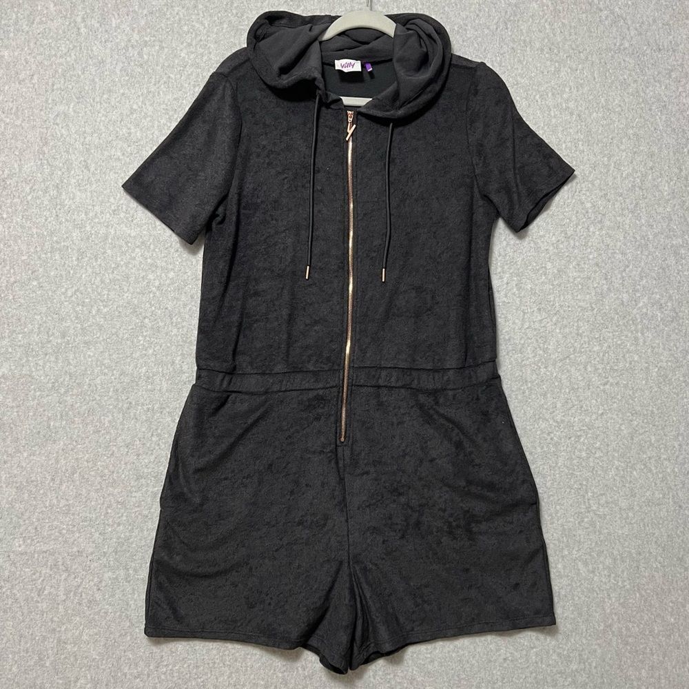 YITTY Terry Cloth Romper Size XL Black Hooded Zip Up Elastic Waist Athleisure - Picture 2 of 13